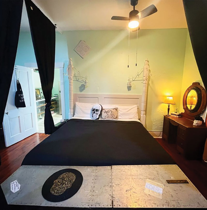 Each stay includes a paranormal kit, a basket of selfie-promoting gadgets, and an original coffin-shaped marquee, personally welcoming each family of guests to The Historic Morgue. Contributed Photo. 