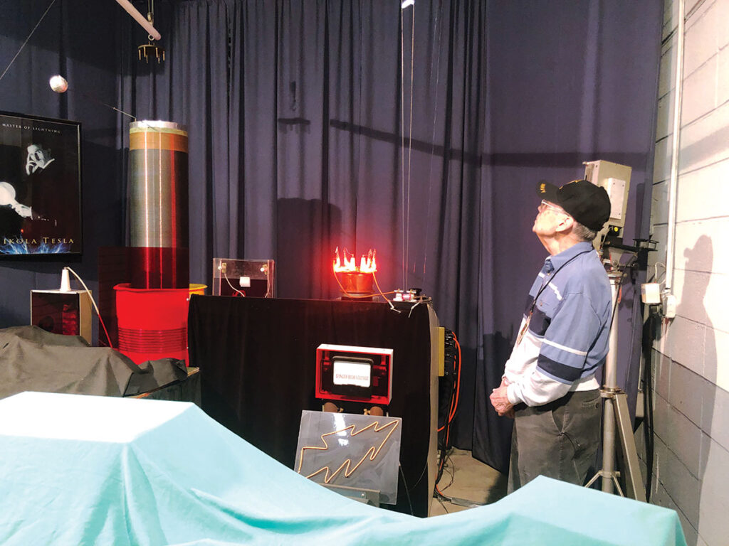 The Tesla Coil display at the Air and Military Museum. The Tesla Coil experiment is used to demonstrate how electricity is produced and why lightning causes so much damage to trees and household appliances. Photo by Ruth Hunter.