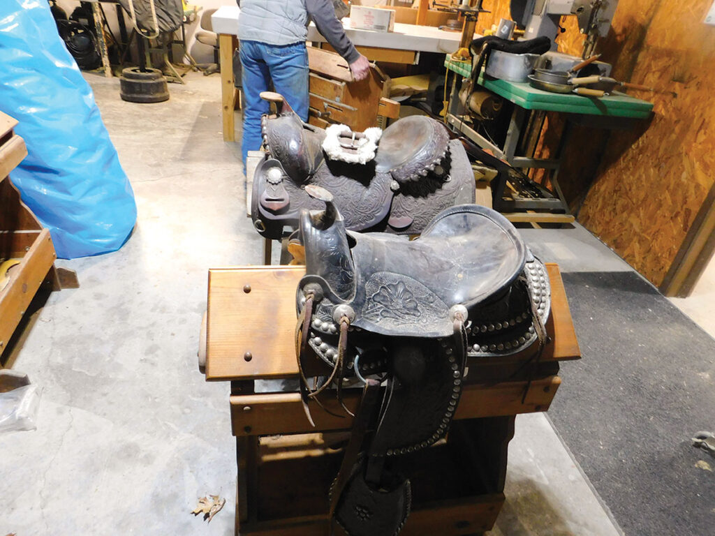 Antique saddles waiting to be restored. Photo by Neoma Foreman.
