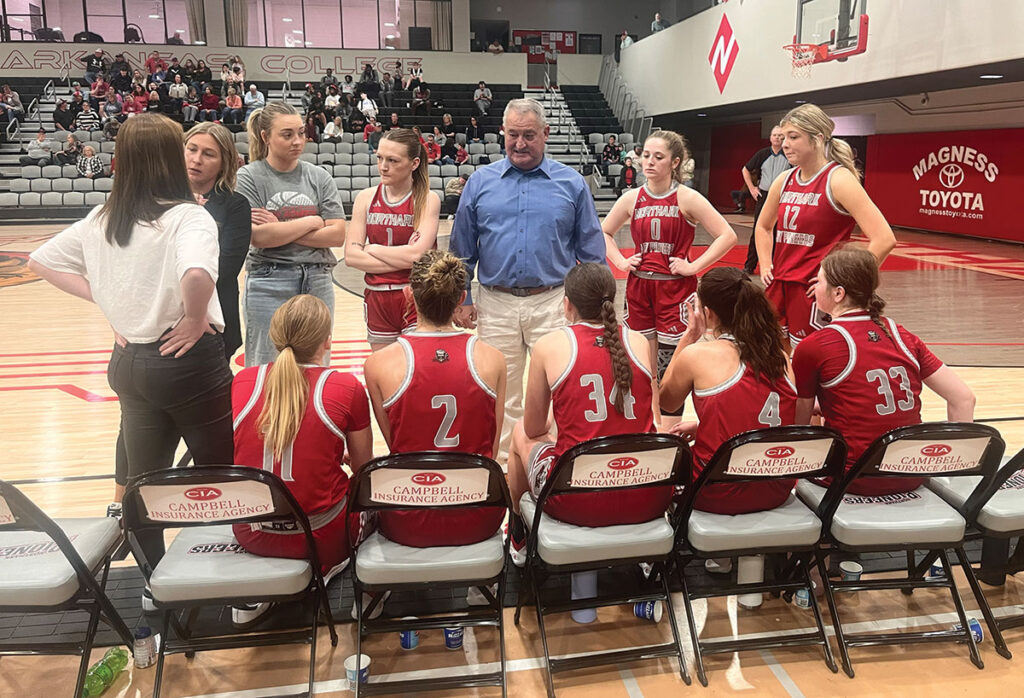 Coach Bobby Howard addresses his North Arkansas College Lady Pioneers during a brief timeout. Contributed Photo. 