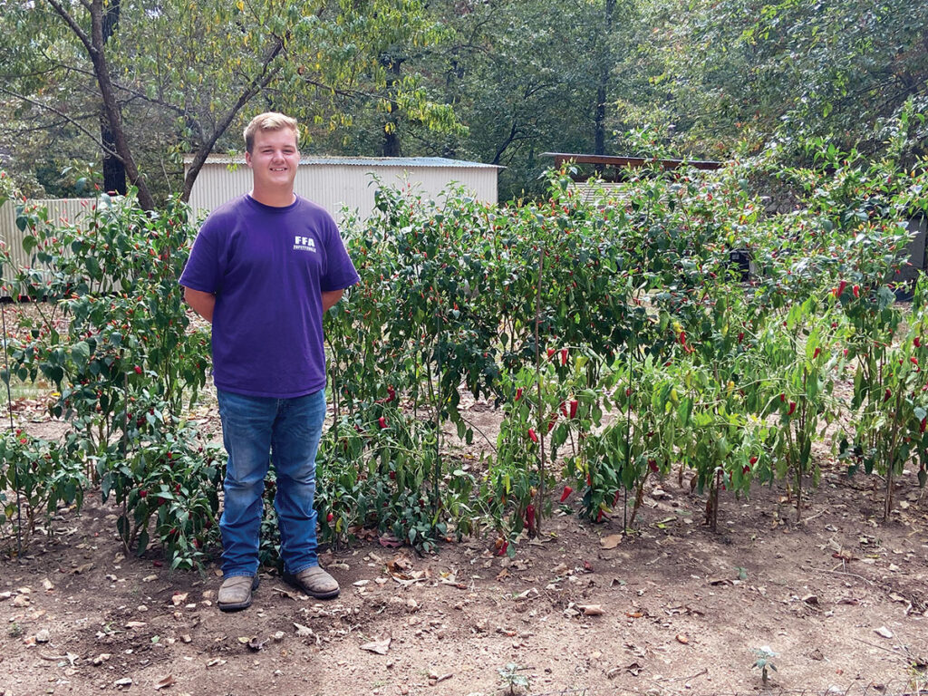 Cason Frisby with his red pepper plants. Photo by Mekiya Walters. 