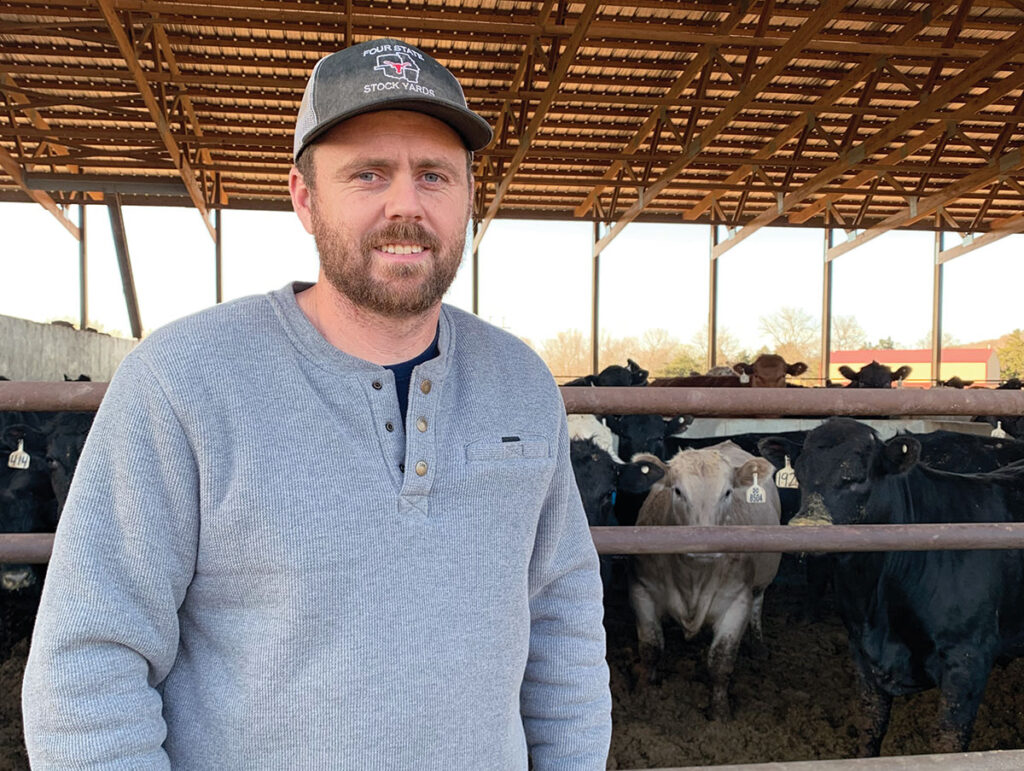 Mason Hartley, his wife Kelsy, and parents Miles and Tina Hartley, are owners of Crescent M Farms near Fair Grove, Mo. The farm began as a cow/calf operation, but has expanded into finishing calves as part of the Show Me Beef Program. Photo by Amanda Bradley.