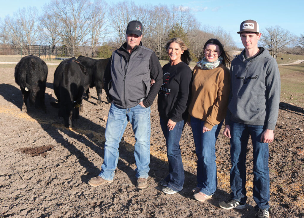Josh, LeAnna, Lauren and Paden Gilbert have a registered Angus operation near Oldfield, Mo. Photo by Julie Turner-Crawford. 