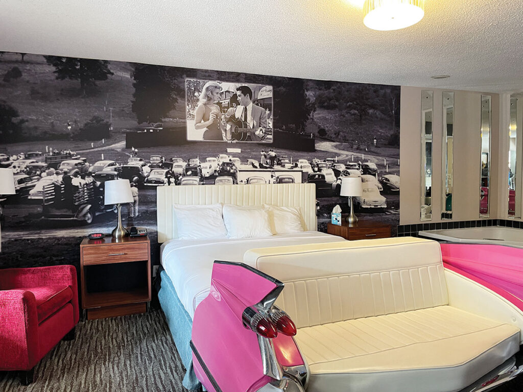 Elvis Room, Elvis stayed here when he came to play at the Shrine Mosque. Room 409 is decked out with photos of Elvis and an actual tail end of a pink Cadillac. Photo by Ruth Hunter. 