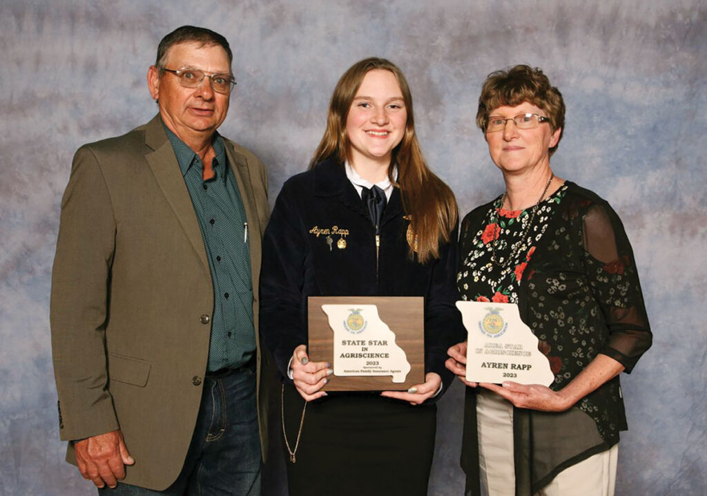 Ayren Rapp and her, parents, Wade and Aylesa Rapp, at the 2023 Missouri FFA Convention. Contributed Photo. 