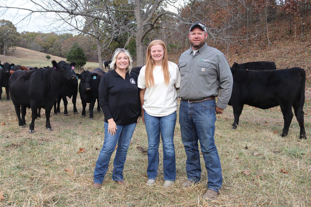 Jarrod Campbell, his wife Kathy and daughter Kassidy, have a mostly Angus herd, and offer farm-fresh beef and replacement heifers. Photo by Julie Turner-Crawford. 